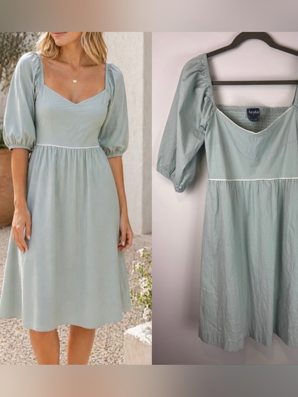 Arula Sage Green Puff Sleeve Dress Smocked Back Cutout Cottagecore Size Small